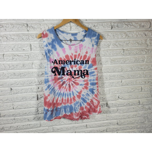 Fourth of July Womens Top XXL Plus Tee Sleeveless Blue Tie Dye American Mama