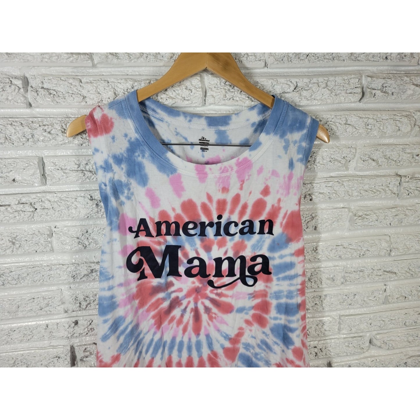 Fourth of July Womens Top XXL Plus Tee Sleeveless Blue Tie Dye American Mama