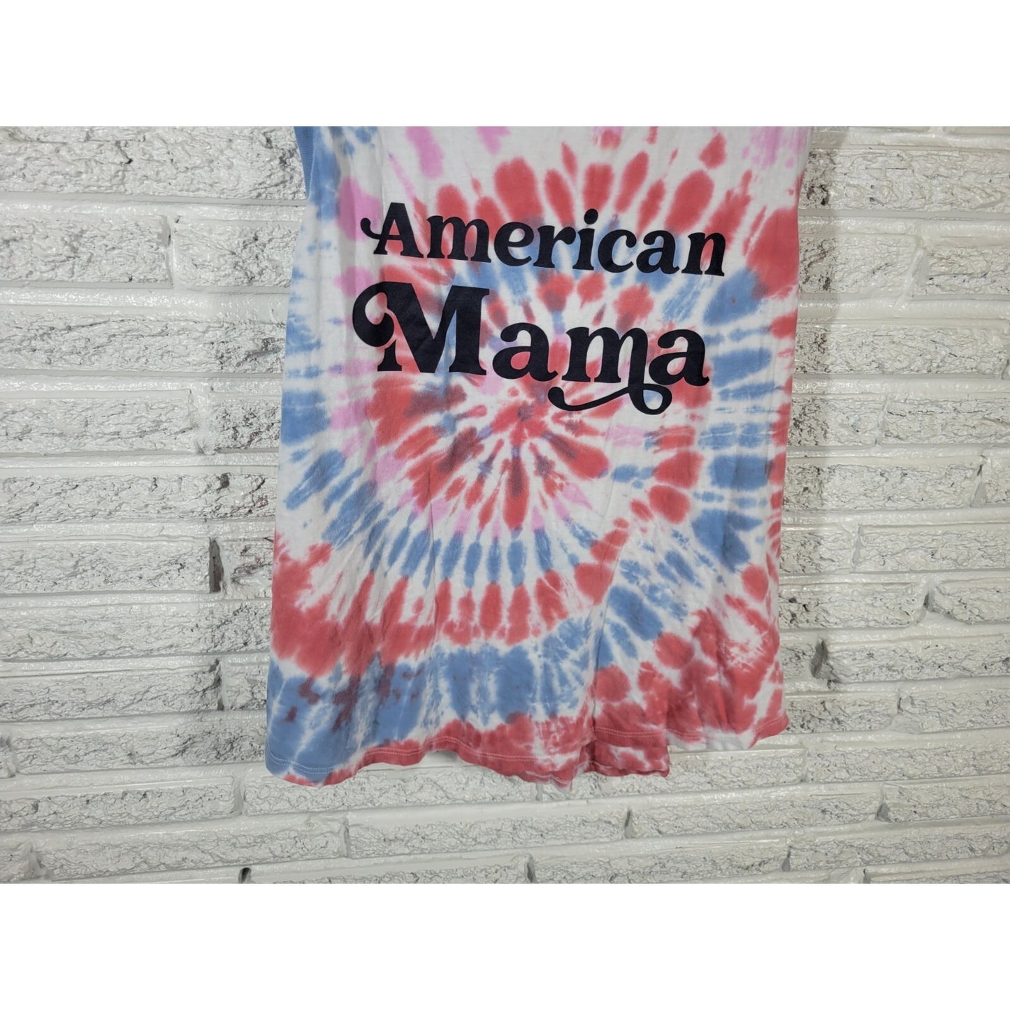 Fourth of July Womens Top XXL Plus Tee Sleeveless Blue Tie Dye American Mama
