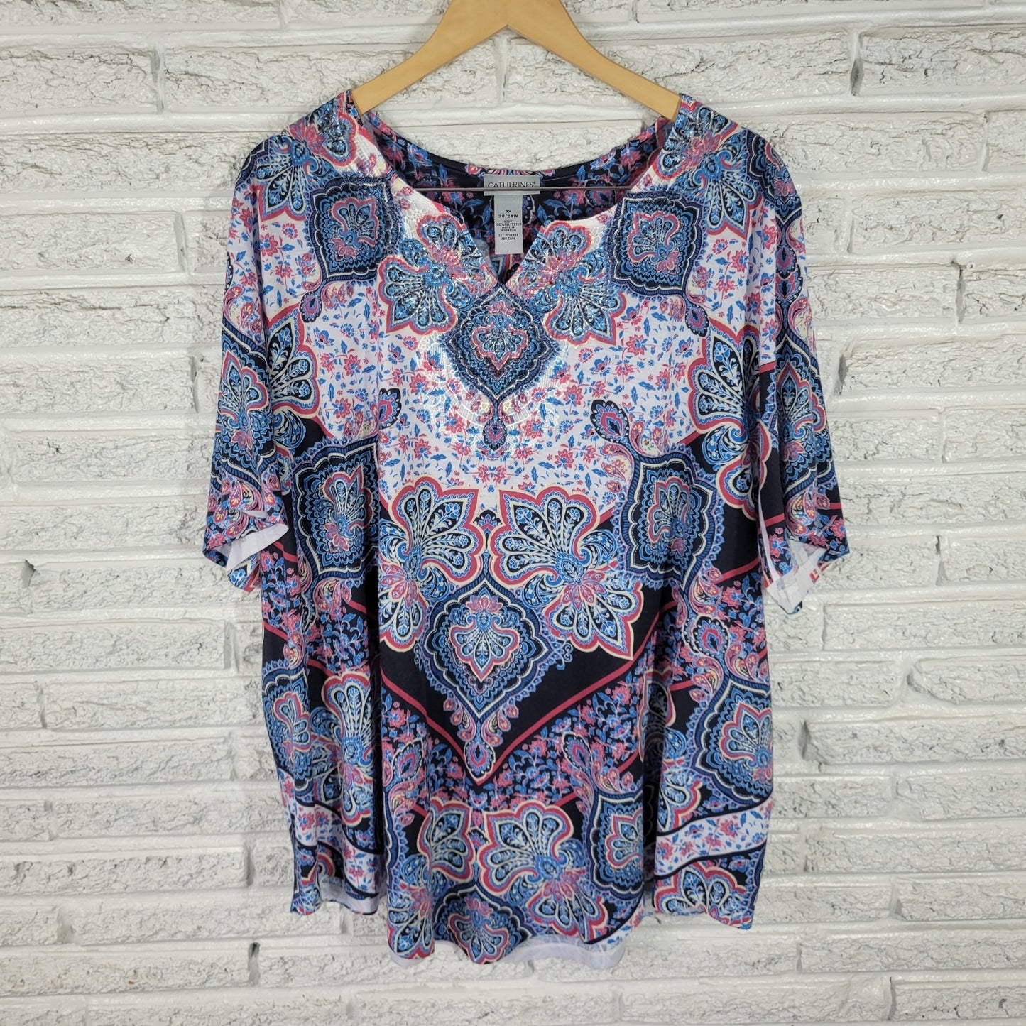 Catherines Womens Top 3X Plus Tunic Short Sleeve Blue Geometric Laser Cut Comfy