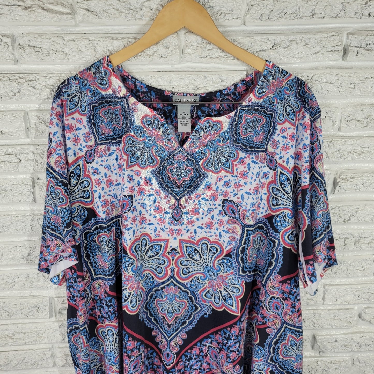 Catherines Womens Top 3X Plus Tunic Short Sleeve Blue Geometric Laser Cut Comfy