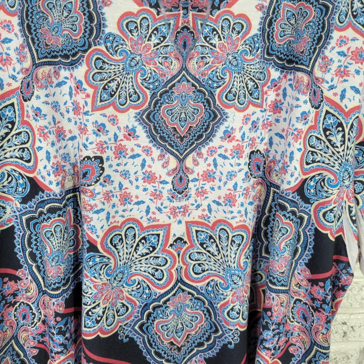 Catherines Womens Top 3X Plus Tunic Short Sleeve Blue Geometric Laser Cut Comfy