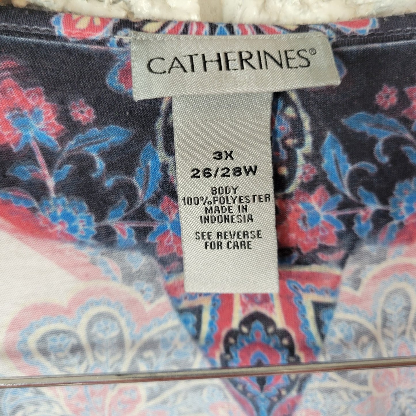 Catherines Womens Top 3X Plus Tunic Short Sleeve Blue Geometric Laser Cut Comfy