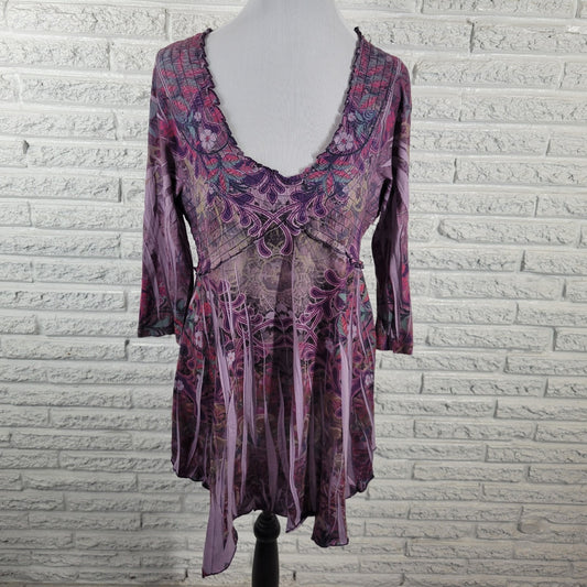 Unity Womens Top Extra Large XL Tunic 3/4 Sleeve Cinched Laser Cut Purple Floral
