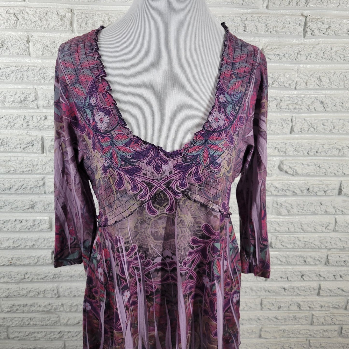 Unity Womens Top Extra Large XL Tunic 3/4 Sleeve Cinched Laser Cut Purple Floral