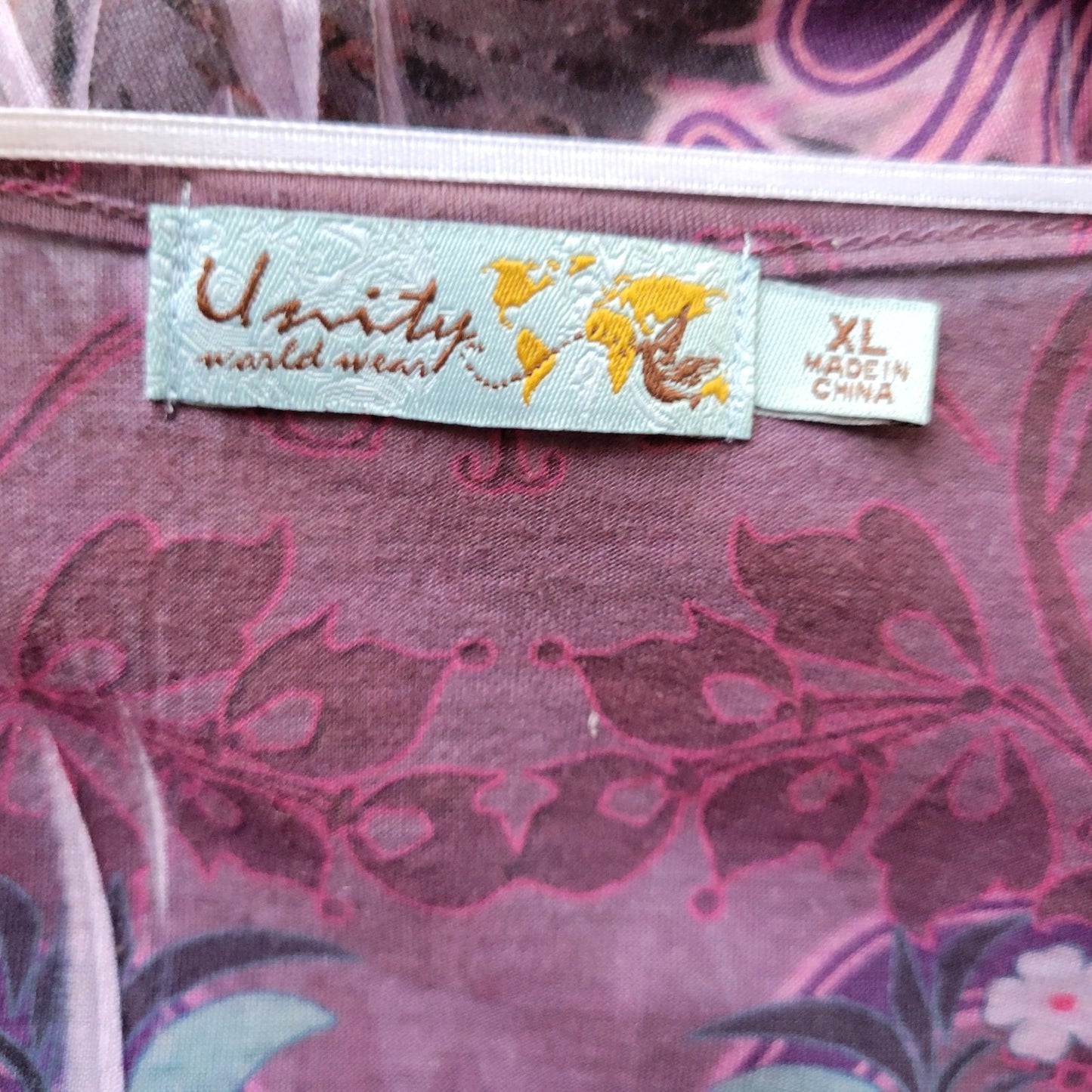 Unity Womens Top Extra Large XL Tunic 3/4 Sleeve Cinched Laser Cut Purple Floral