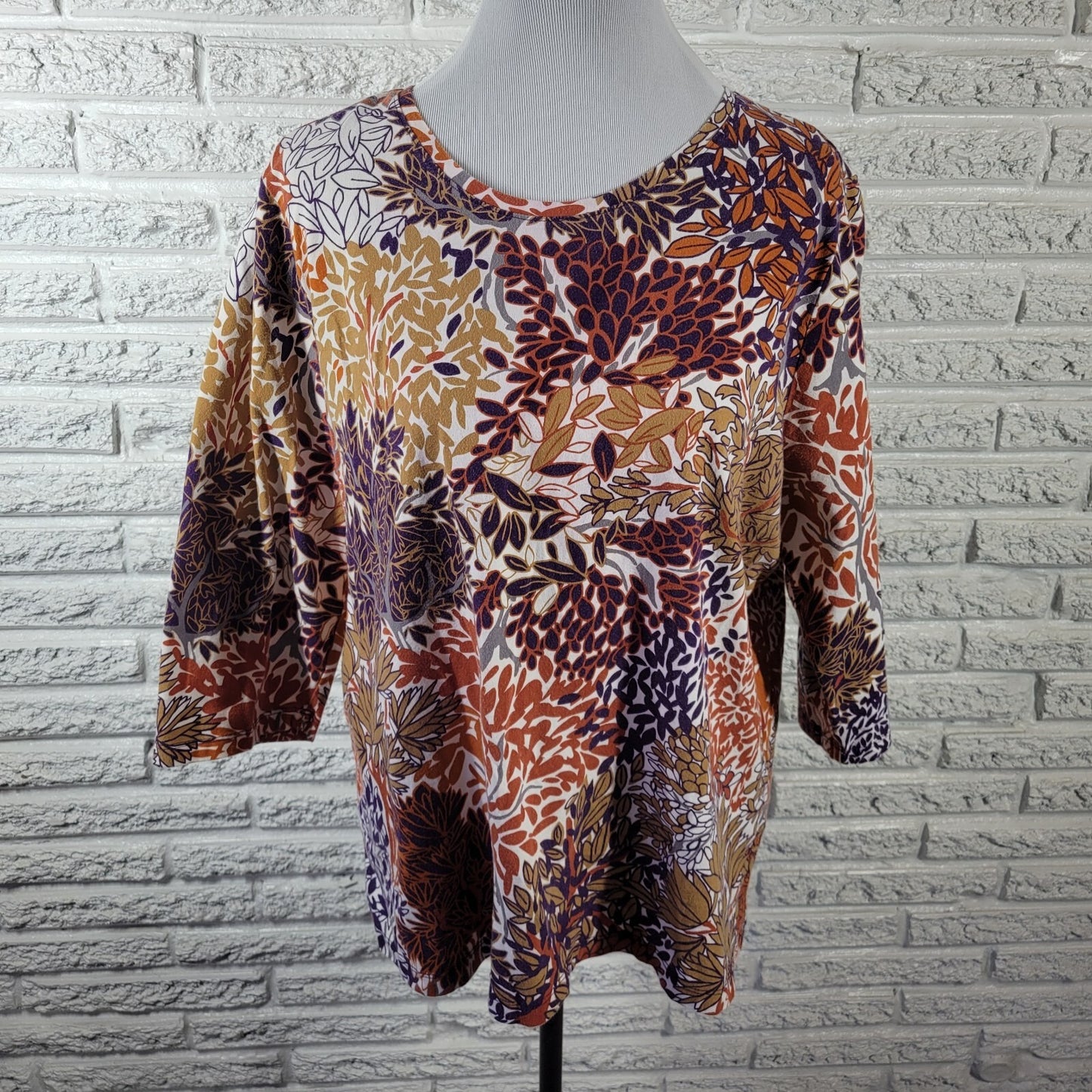 CJ Banks Womens Top 1X Plus 3/4 Sleeve Brown Purple Floral Cotton Blend Casual