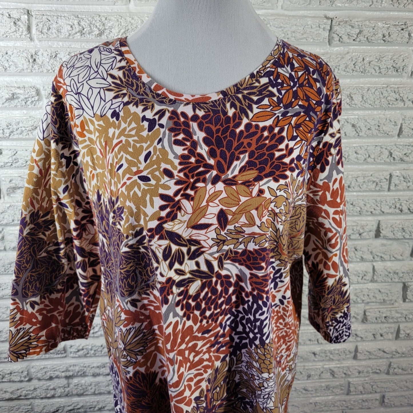 CJ Banks Womens Top 1X Plus 3/4 Sleeve Brown Purple Floral Cotton Blend Casual