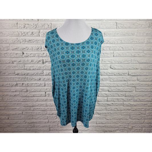 Impressions Women's 2X Plus Size Blue Geometric Sleeveless Tank Top Blouse