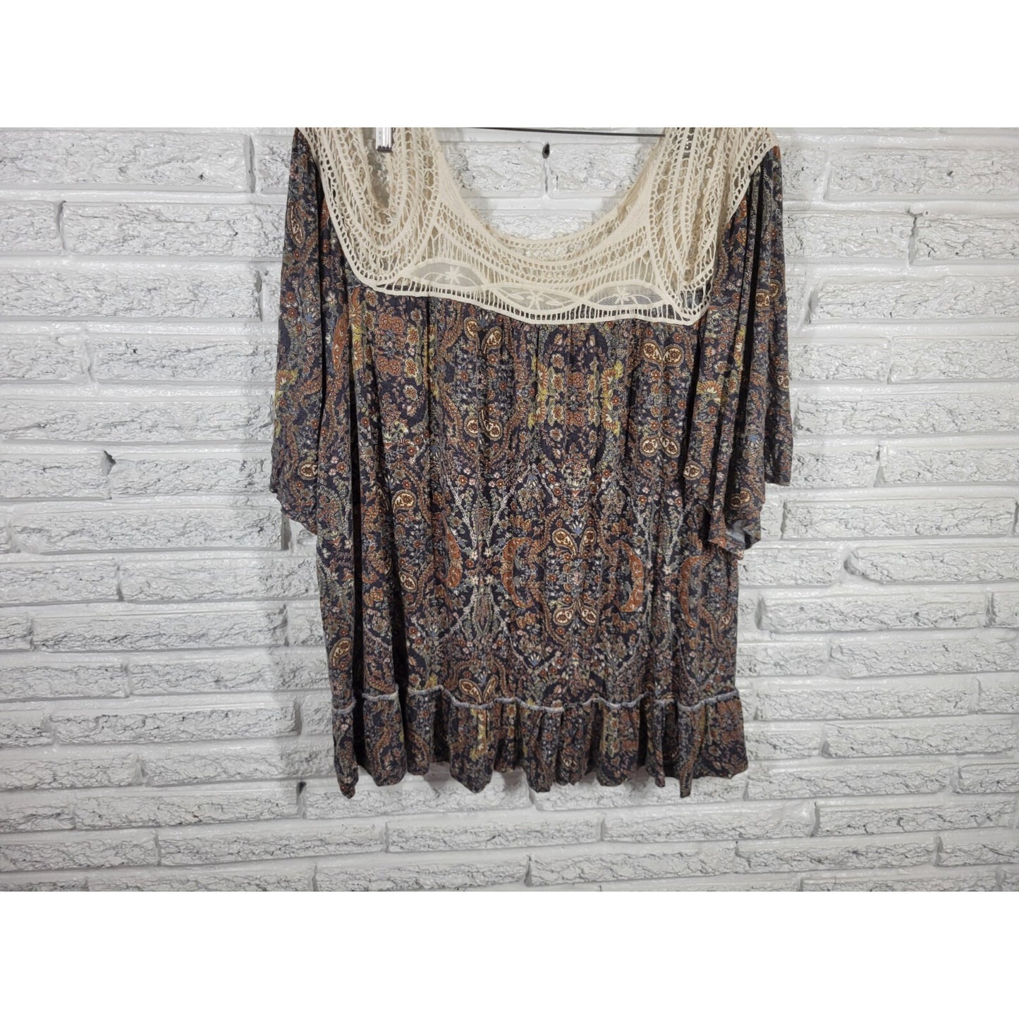 Maurices Womens Top 3 3X Plus Cold Shoulder Black Brown Paisley Crochet Ruffle