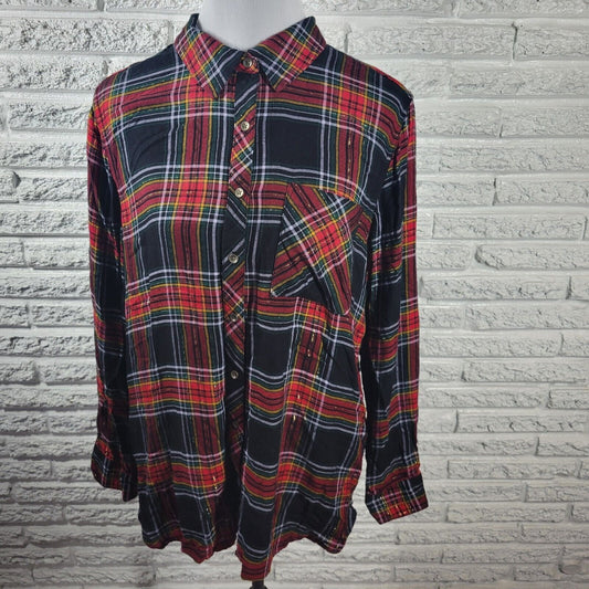 Maurices Womens Top Extra Large XL Long Sleeve Red Plaid Metallic Thread Pocket