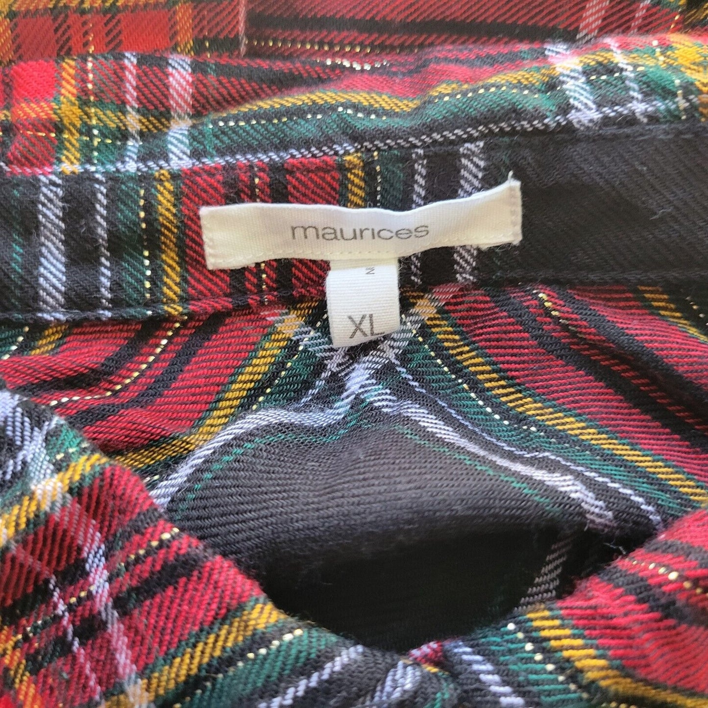 Maurices Womens Top Extra Large XL Long Sleeve Red Plaid Metallic Thread Pocket