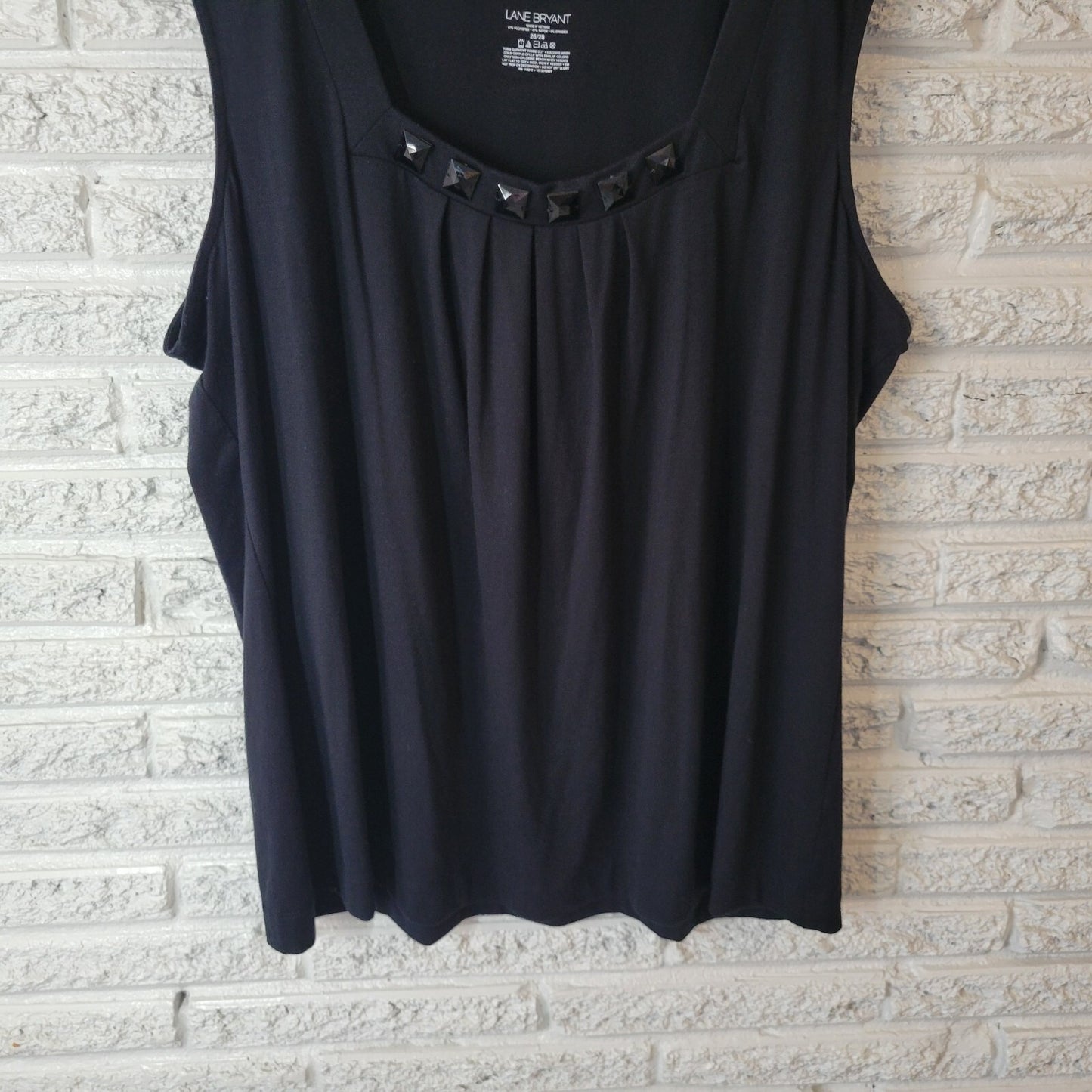 Lane Bryant Womens Top 26 28 Plus Tank Black Poly Blend Beaded Pleated Career