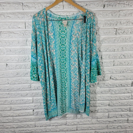 Chicos Womens Top 3 Standard XL Cardigan Knit Open LIghtweight Blue Geometric