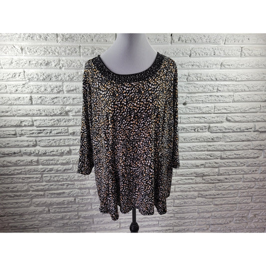 Kim Rogers Curvy Womens Top 2X Plus Tunic Black Animal Print Studded Career