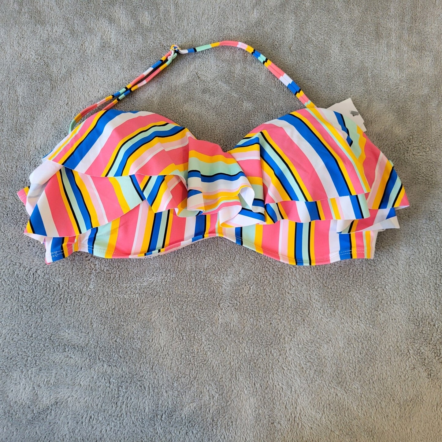 Time Tru Womens Bikini Top XL 16 18 Blue Pink Stripe Ruffle Lightweight Bra