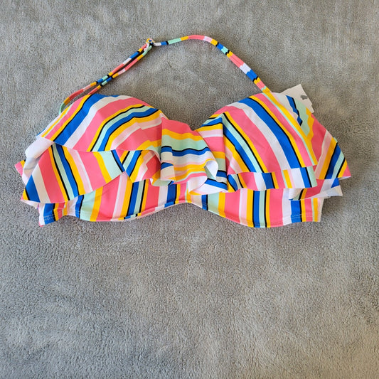 Time Tru Womens Bikini Top XL 16 18 Blue Pink Stripe Ruffle Lightweight Bra