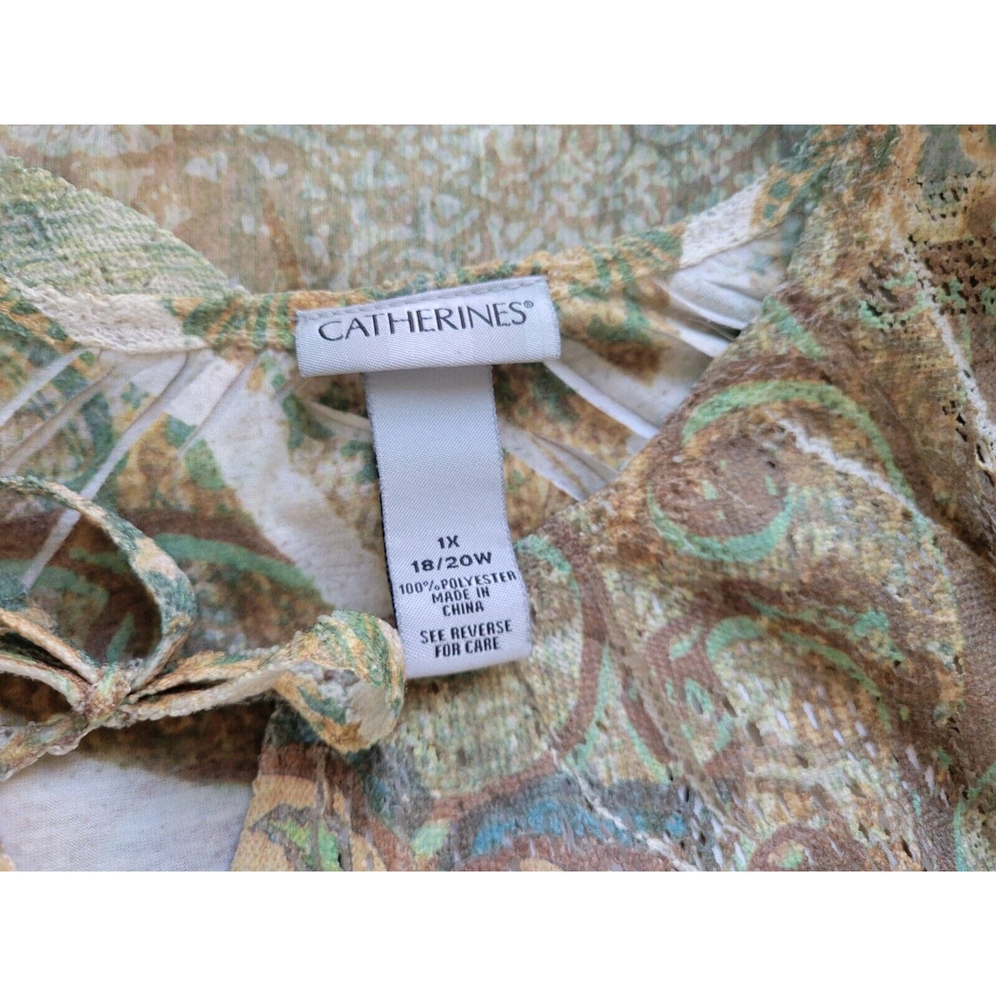 Catherines Womens Top 1X Short Sleeve Tan Mandala Mesh Rhinestone Keyhole Laser