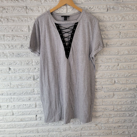 Forever 21 Womens Pajama Top 2X Plus Cuff Short Sleeve Gray Comfy Lace Up Lounge