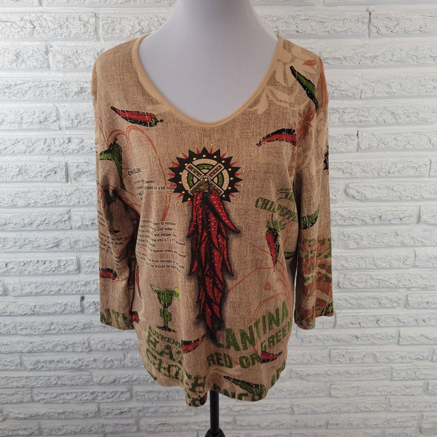 Cactus Bay Womens Top XL Tan Artsy Latin America Recipes Chile Relleno Margarita