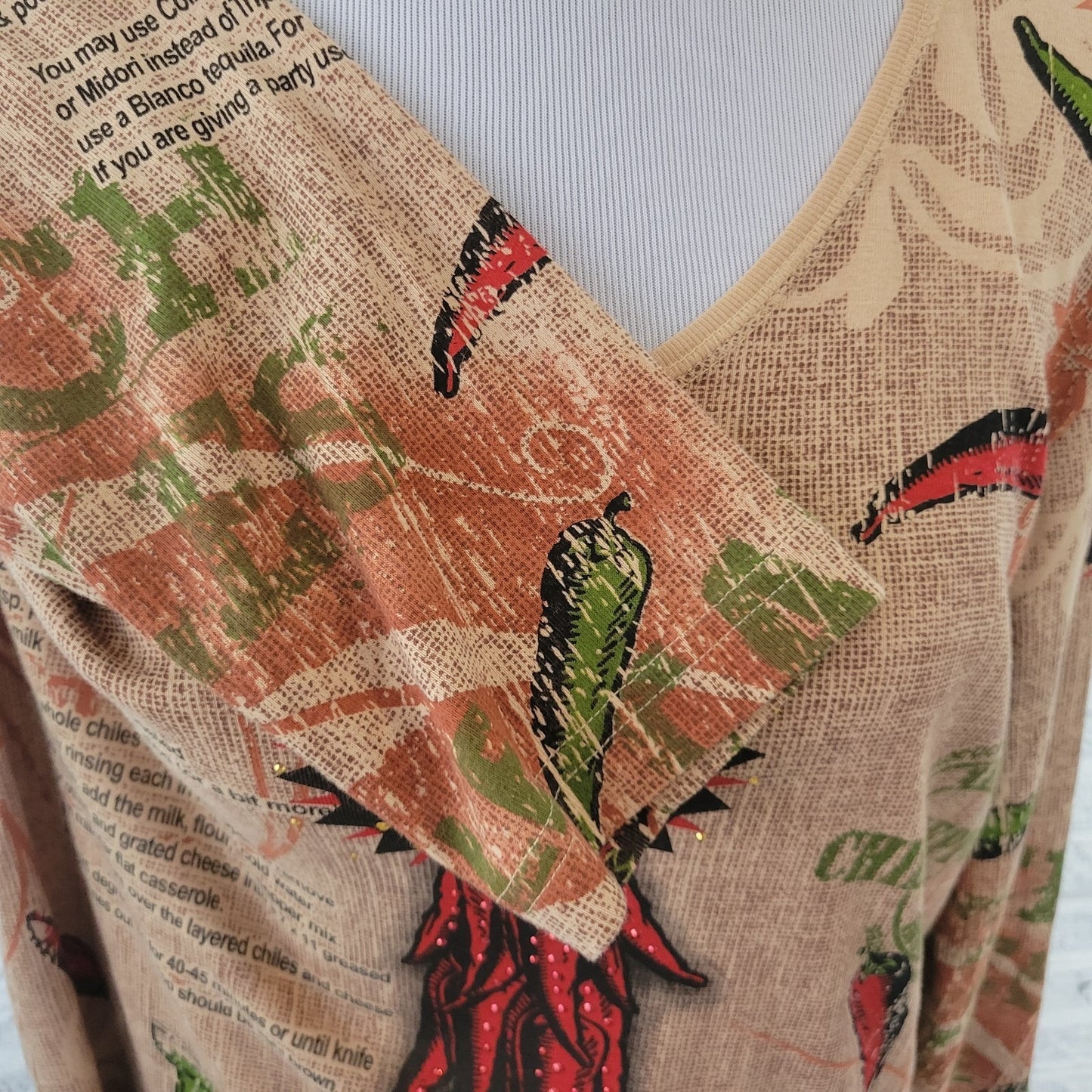 Cactus Bay Womens Top XL Tan Artsy Latin America Recipes Chile Relleno Margarita