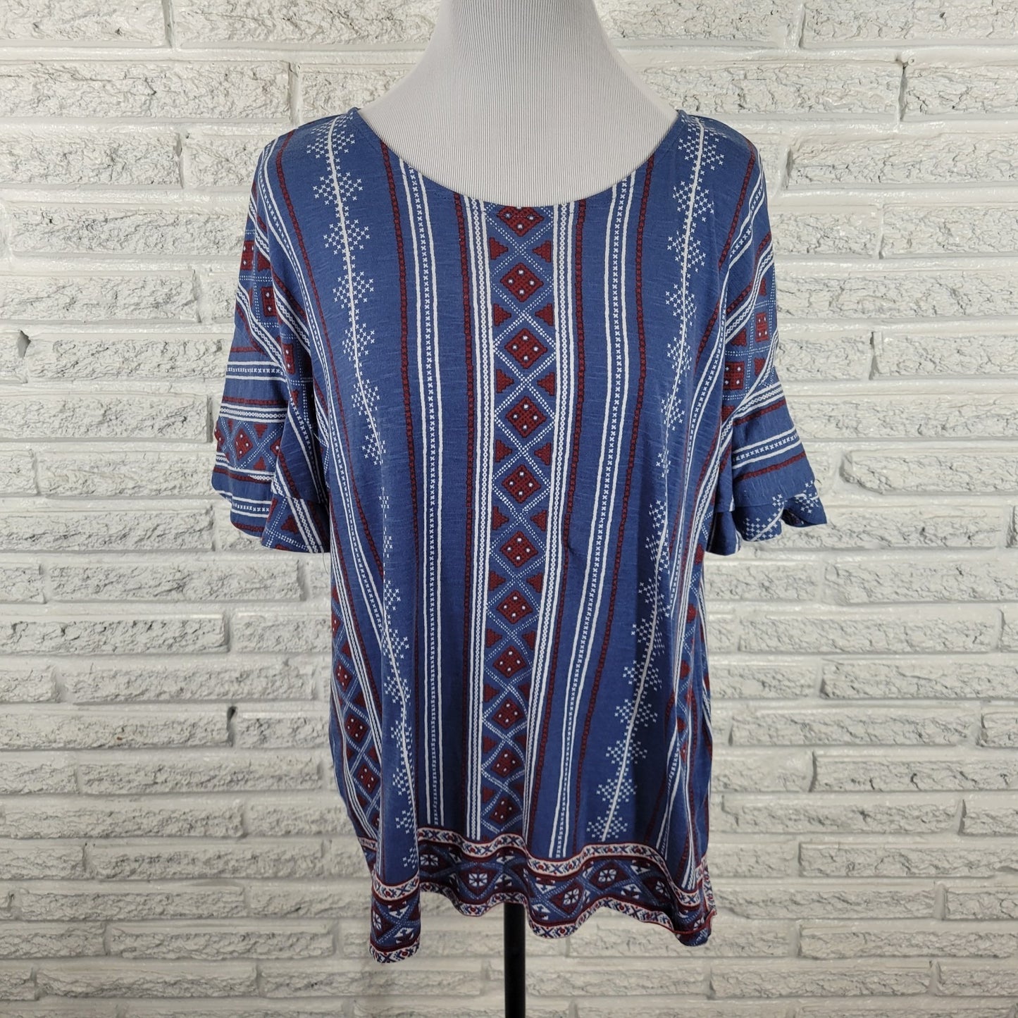Westport Women's XL Blue Red Geometric Flutter Ruffle Sleeve Keyhole Back Blouse