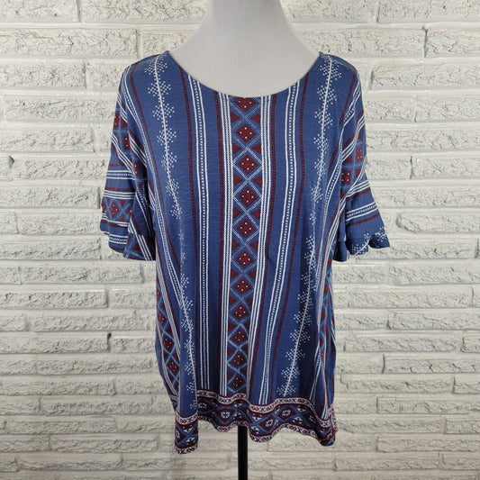 Westport Women's XL Blue Red Geometric Flutter Ruffle Sleeve Keyhole Back Blouse