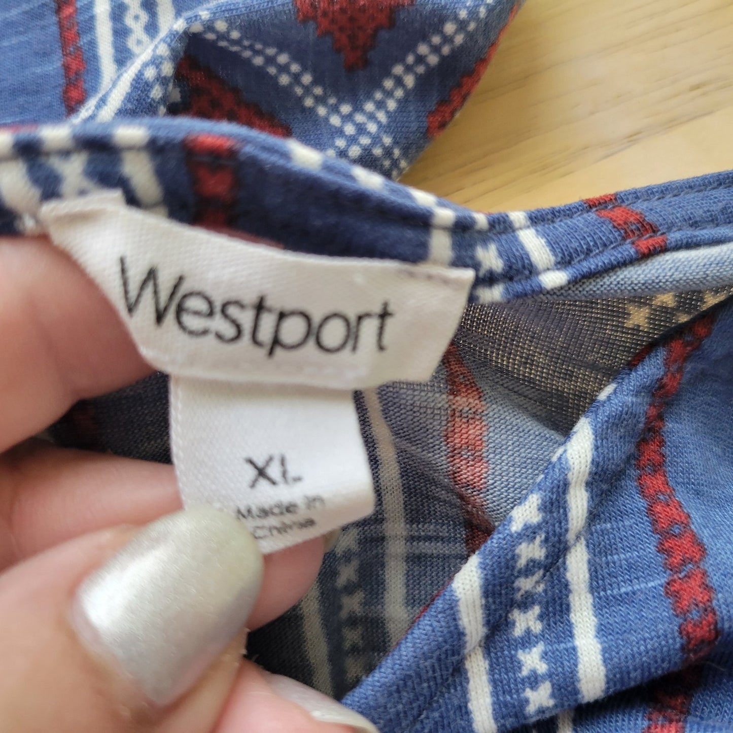 Westport Women's XL Blue Red Geometric Flutter Ruffle Sleeve Keyhole Back Blouse