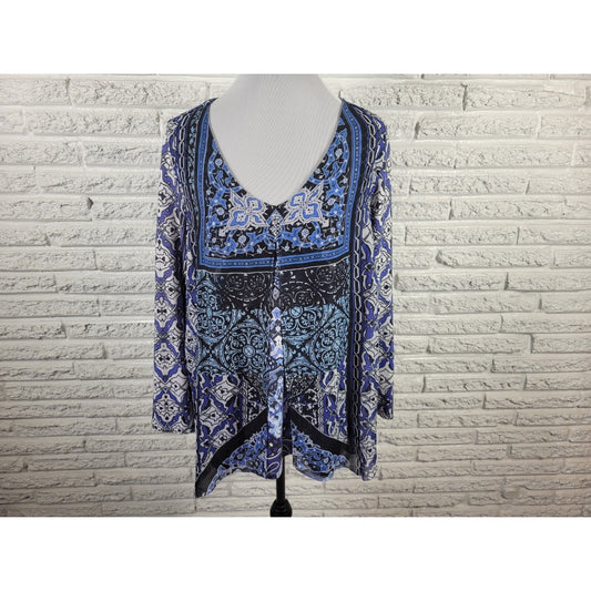 Apt 9 1X Plus Size Top Blue Geometric Studded V-Neck Long Sleeve Stretch
