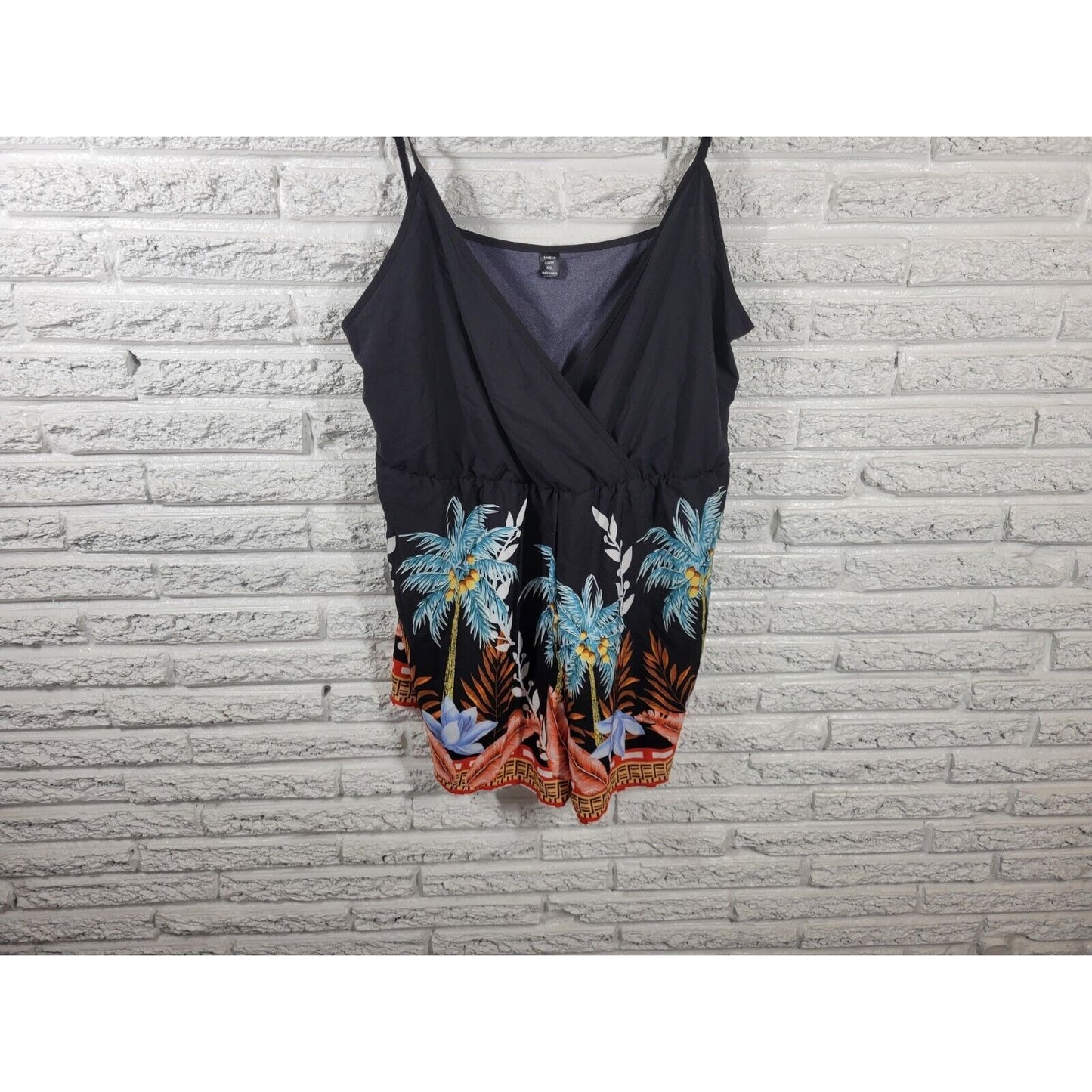 Shein Curve Women Top 4XL Plus Camisole Adjustable Spaghetti Strap Blue Tropical