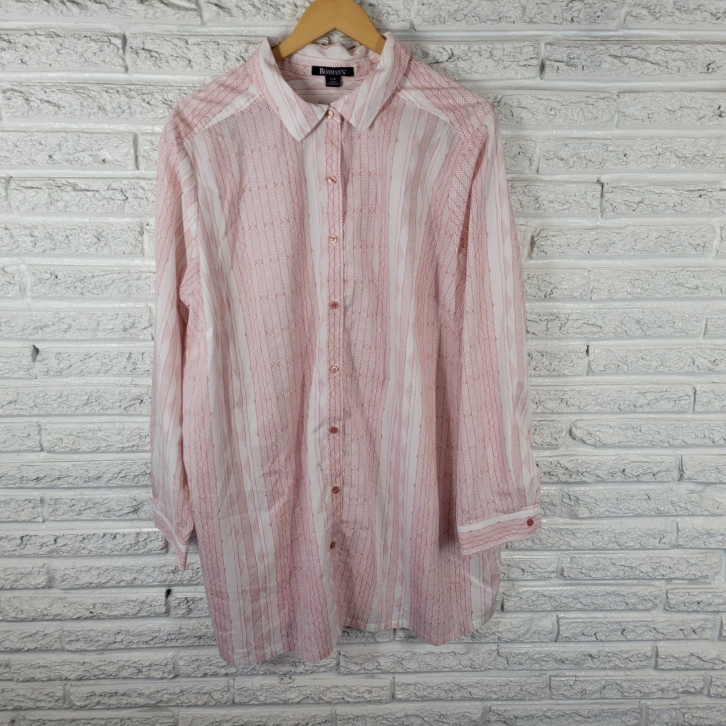 Roamans Womens Top 24W Plus Button Up Pink Geometric Cotton Blend Lightweight