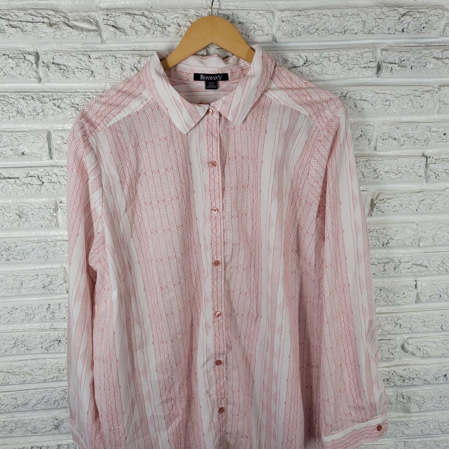 Roamans Womens Top 24W Plus Button Up Pink Geometric Cotton Blend Lightweight
