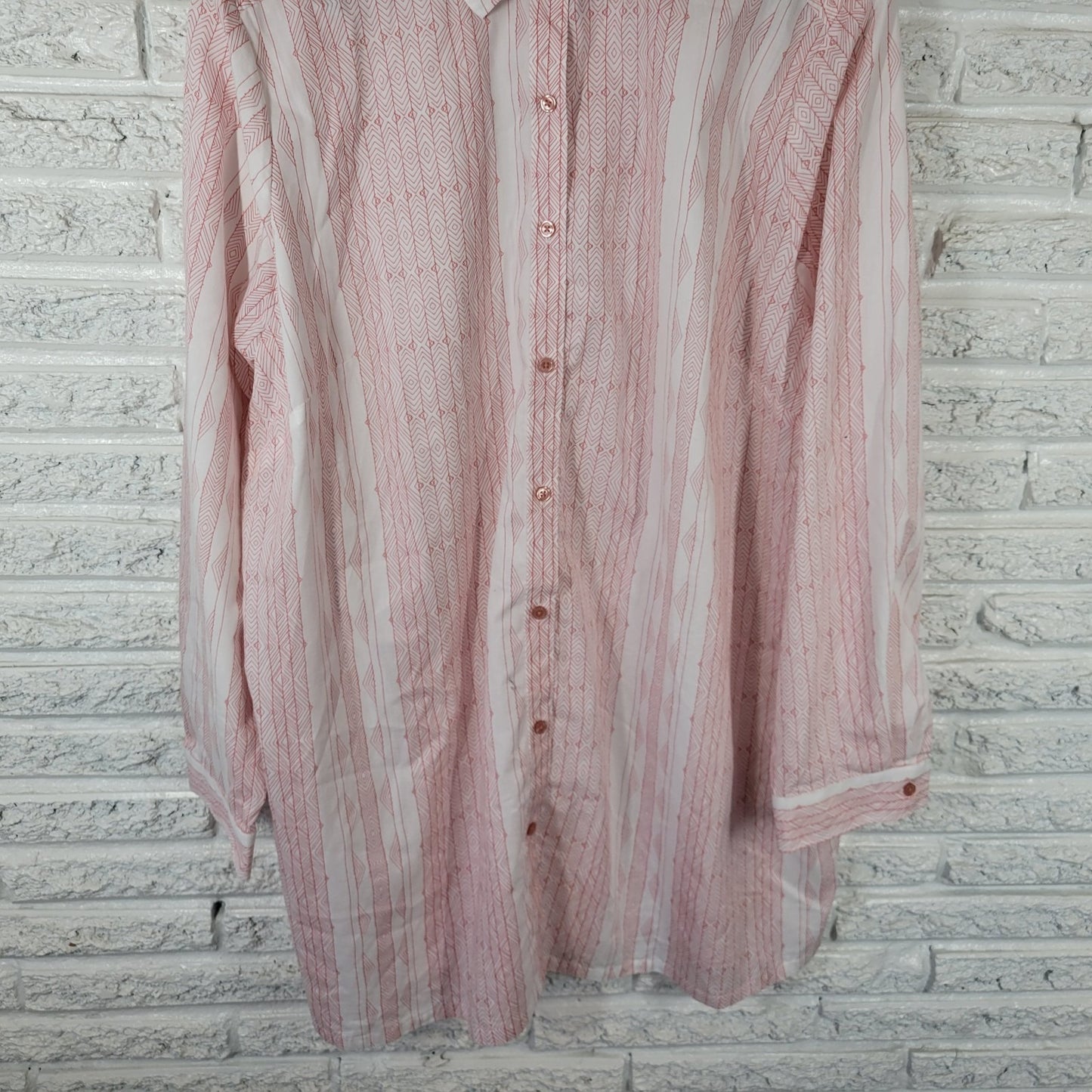 Roamans Womens Top 24W Plus Button Up Pink Geometric Cotton Blend Lightweight