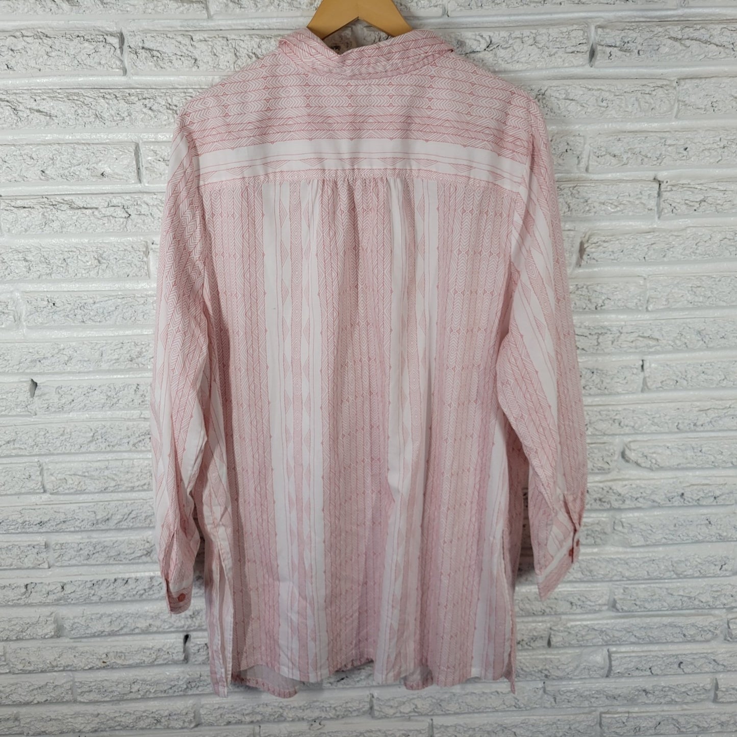 Roamans Womens Top 24W Plus Button Up Pink Geometric Cotton Blend Lightweight