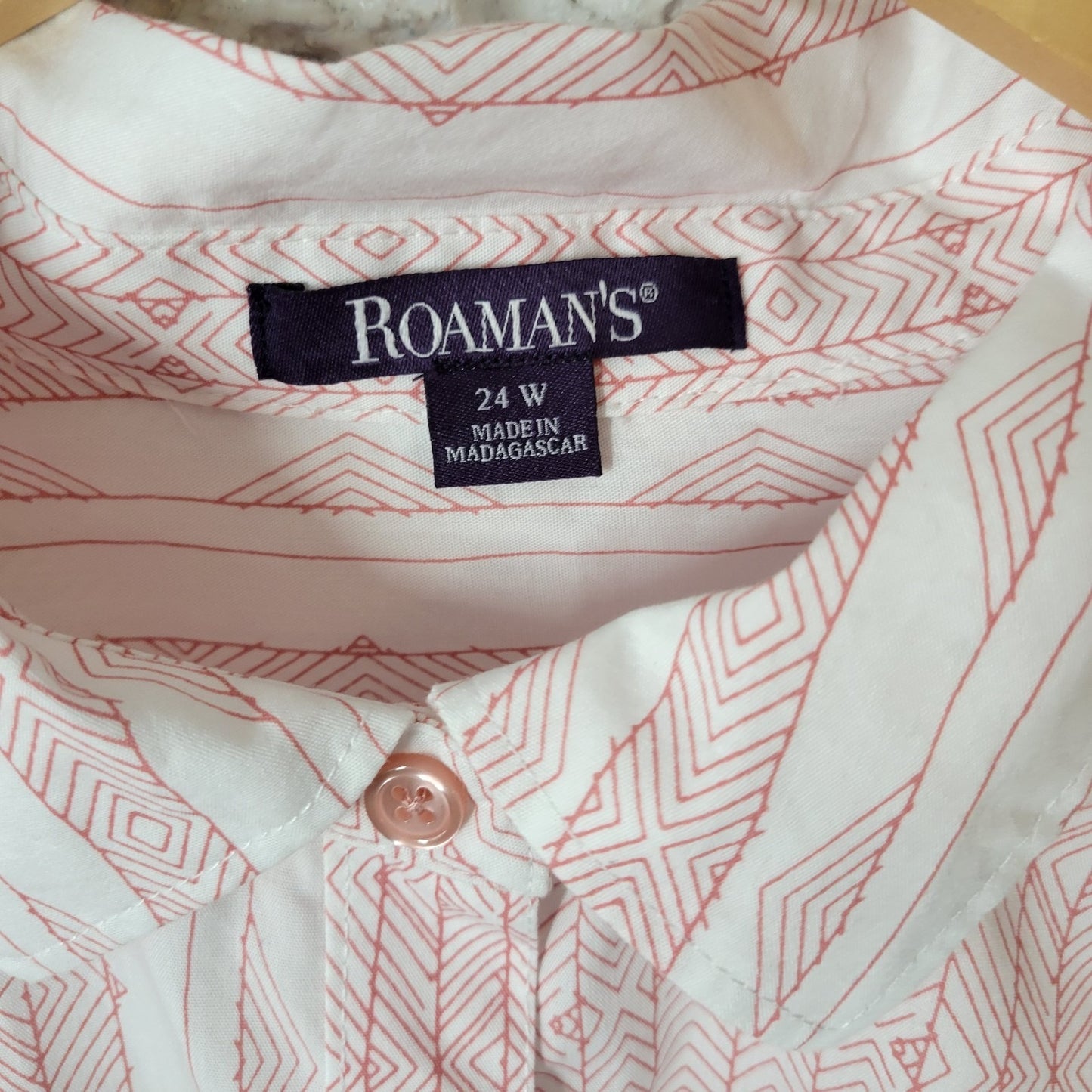 Roamans Womens Top 24W Plus Button Up Pink Geometric Cotton Blend Lightweight