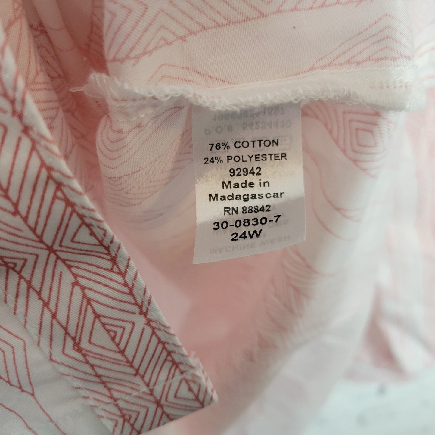 Roamans Womens Top 24W Plus Button Up Pink Geometric Cotton Blend Lightweight