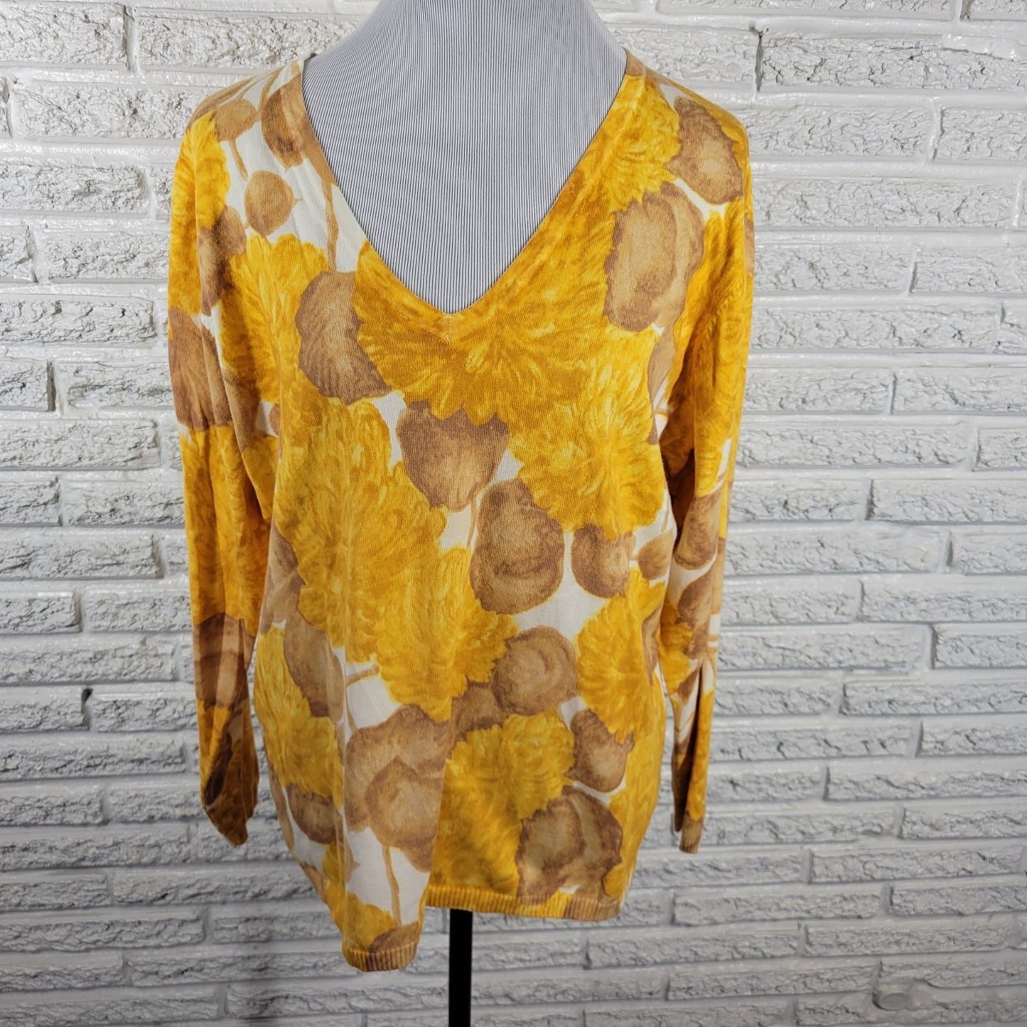 Liz Claiborne Womens Top Extra Large Long Sleeve Yellow Floral Cotton Blend Knit