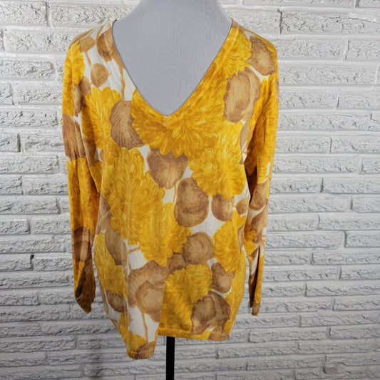Liz Claiborne Womens Top Extra Large Long Sleeve Yellow Floral Cotton Blend Knit