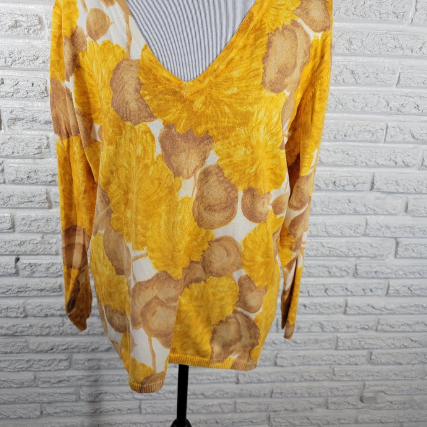 Liz Claiborne Womens Top Extra Large Long Sleeve Yellow Floral Cotton Blend Knit
