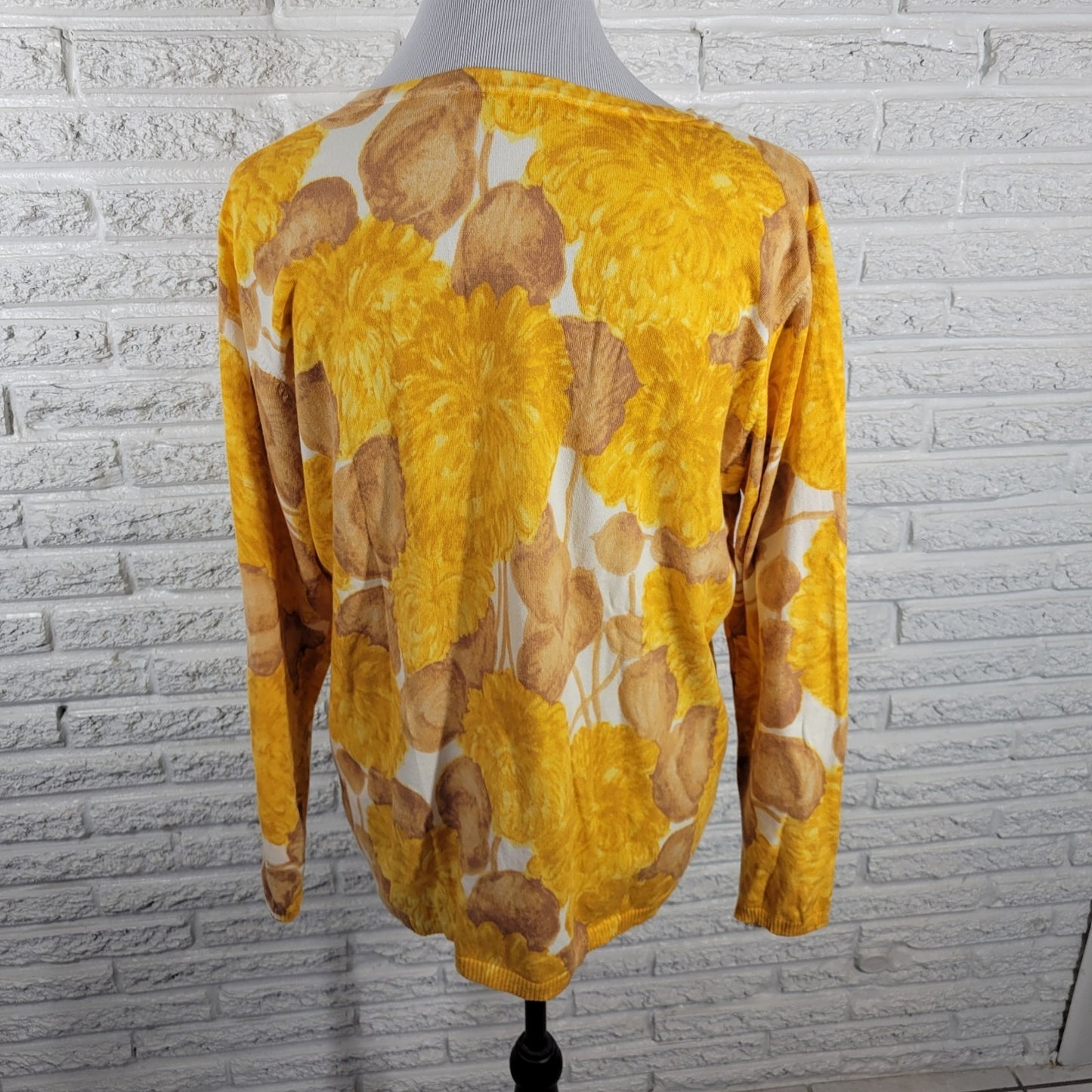 Liz Claiborne Womens Top Extra Large Long Sleeve Yellow Floral Cotton Blend Knit
