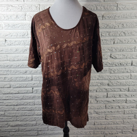 Shannon Ford Womens Top 2X Plus Tunic Brown Asymmetric Sequins Poly Blend Comfy
