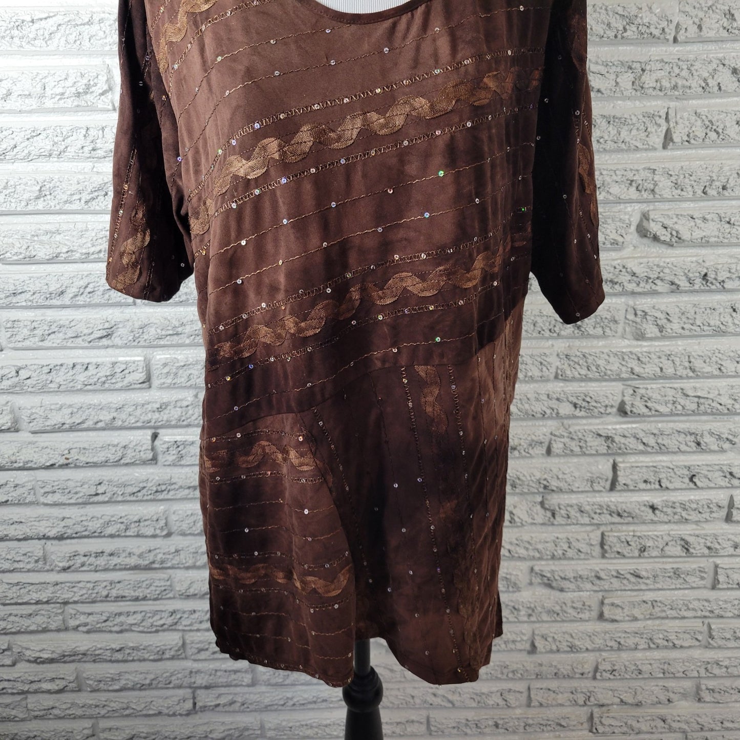 Shannon Ford Womens Top 2X Plus Tunic Brown Asymmetric Sequins Poly Blend Comfy