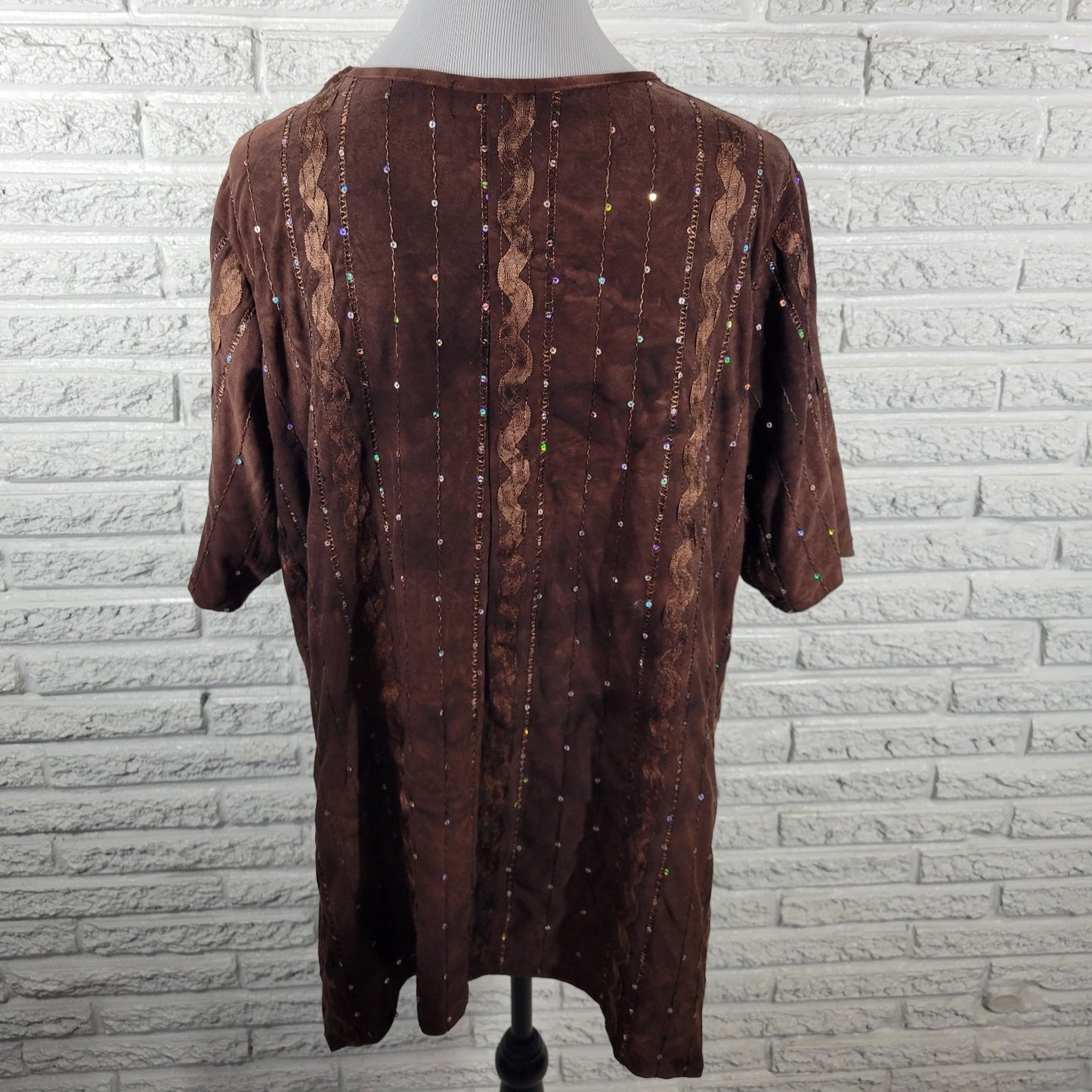 Shannon Ford Womens Top 2X Plus Tunic Brown Asymmetric Sequins Poly Blend Comfy