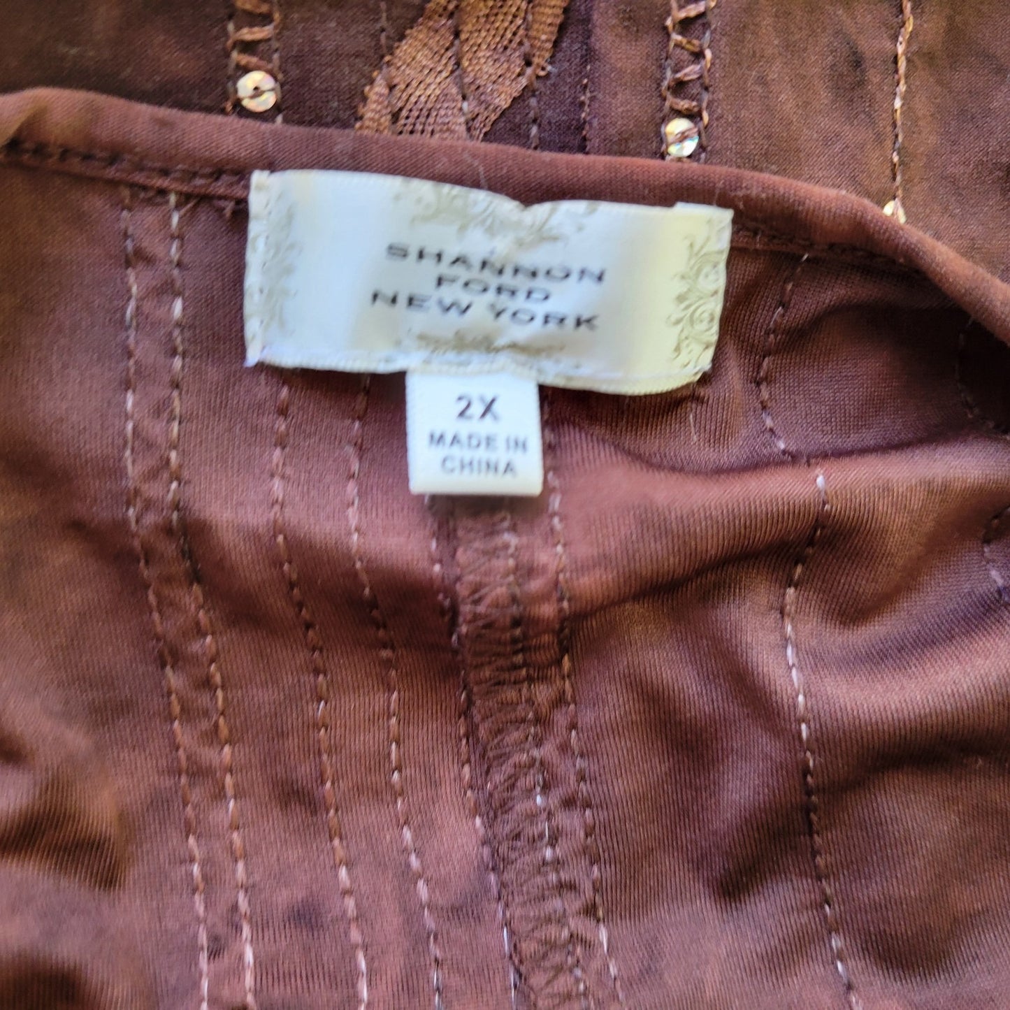 Shannon Ford Womens Top 2X Plus Tunic Brown Asymmetric Sequins Poly Blend Comfy