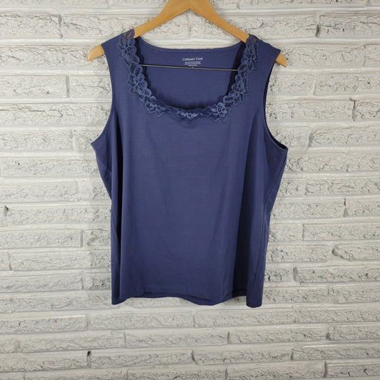 Coldwater Creek Women Top Extra Large Tank Blue Lace Neckline Lightweight Office