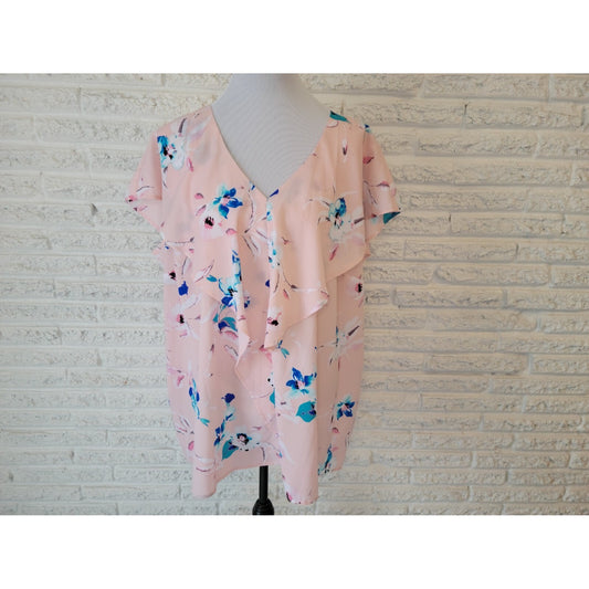 Lane Bryant Womens Top 22 Plus Cap Sleeve Pink Blue Floral Polyester Layered