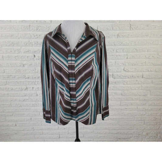Lane Bryant Womens Shirt 18 20 Plus Long Sleeve Hook Eye Blue Geometric Metallic