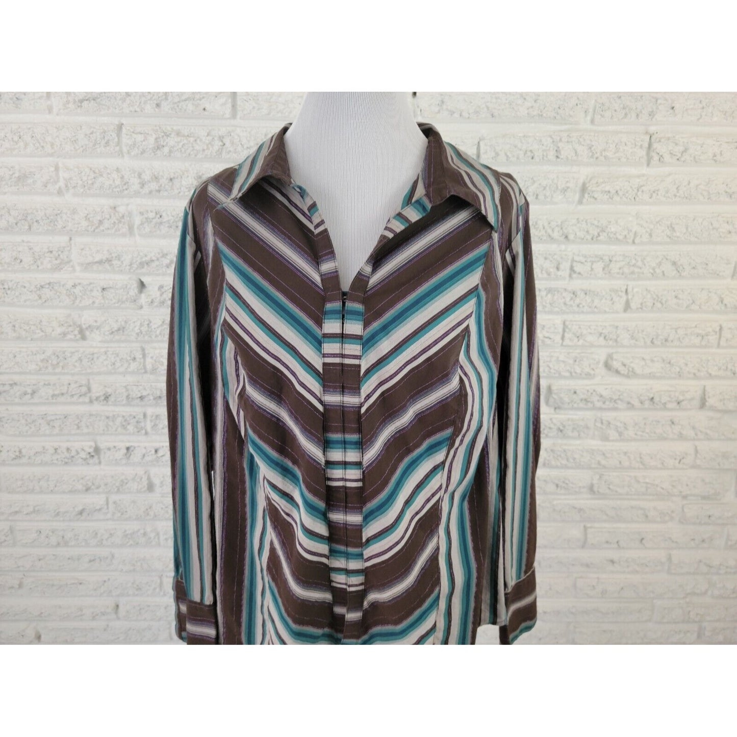 Lane Bryant Womens Shirt 18 20 Plus Long Sleeve Hook Eye Blue Geometric Metallic