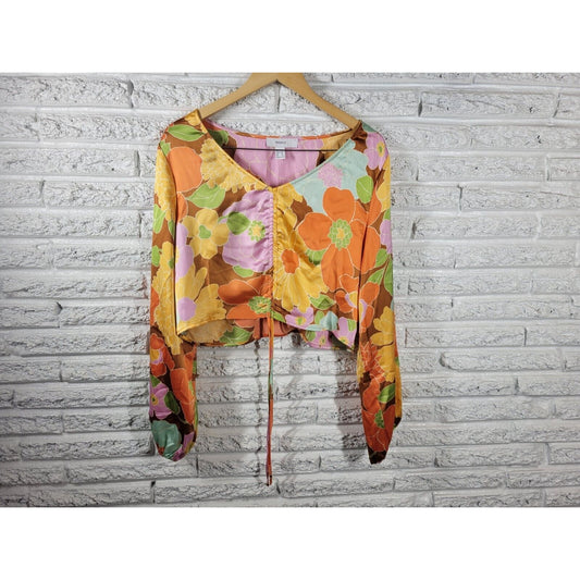 Forever 21 Women Top 1X Plus Crop Boho Festival Orange Floral Side Zip Tie Front