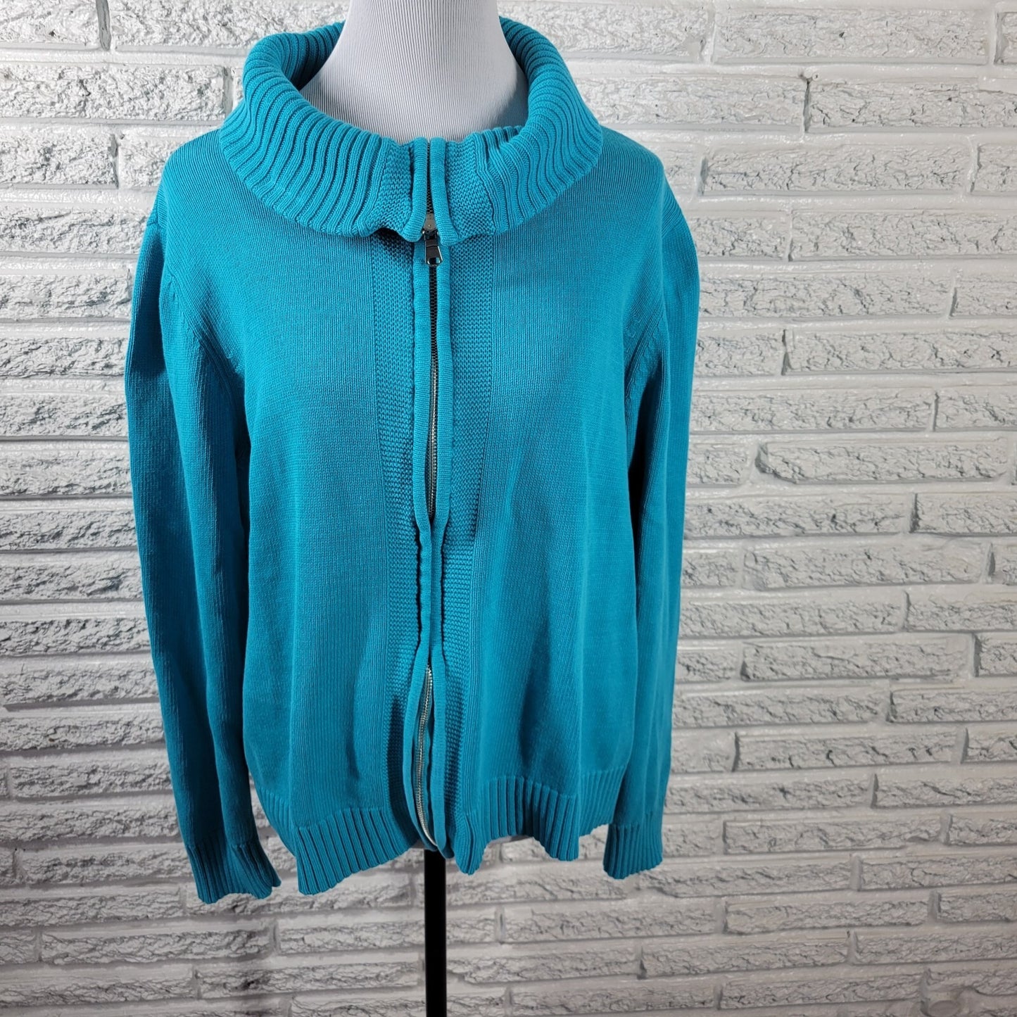 Studio Works Womens Sweater 2X Plus Cardigan Blue Zip Cotton Turtleneck Office